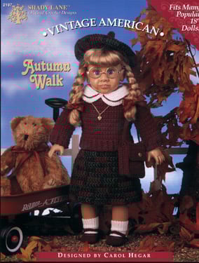Autumn Walk Crochet Pattern by Shady Lane Original Crochet Designs. A vintage 5-piece outfit for 18" dolls including skirt, sweater, beret, bag, and shoes. Classic style with clear instructions and fit tips.