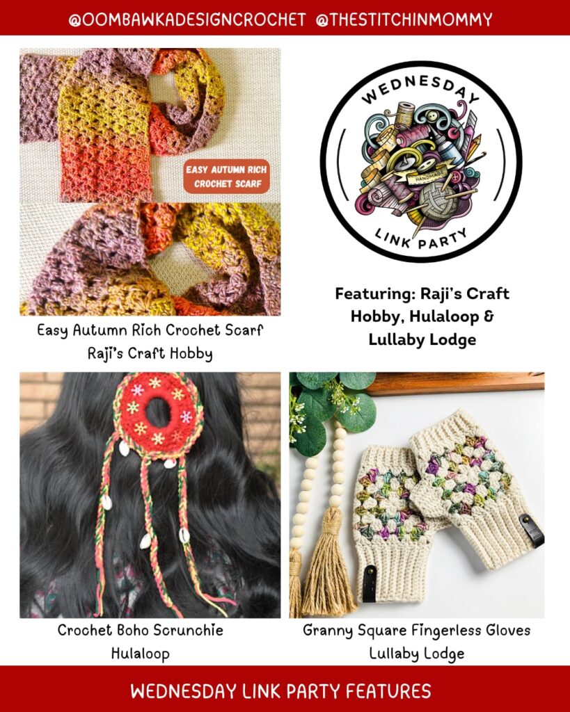 Join our Monthly Link Party! Explore a cozy scarf free pattern, a fun Boho Scrunchie, and colorful Granny Square Fingerless Gloves. Perfect weekend projects for makers!