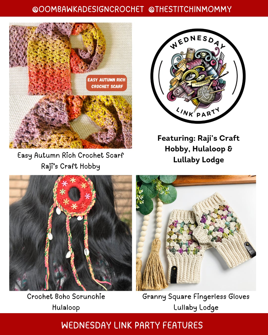 Join our Monthly Link Party! Explore a cozy scarf free pattern, a fun Boho Scrunchie, and colorful Granny Square Fingerless Gloves. Perfect weekend projects for makers!