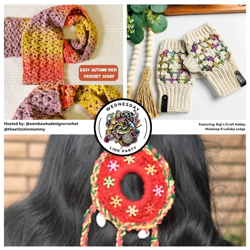 Find inspiration in this month’s Link Party! Discover a cozy Autumn Scarf, a stylish Boho Scrunchie, and pretty Granny Square Fingerless Gloves to make and share.
