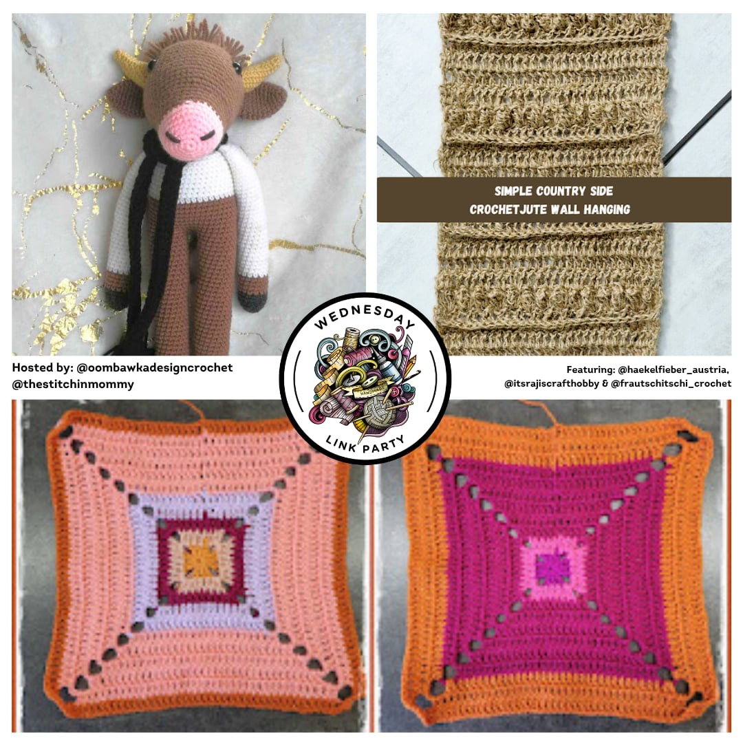 This trio of featured patterns includes a cuddly amigurumi cow, a textured jute wall hanging, and colorful blanket squares. A lovely mix of crochet styles to inspire your next project!