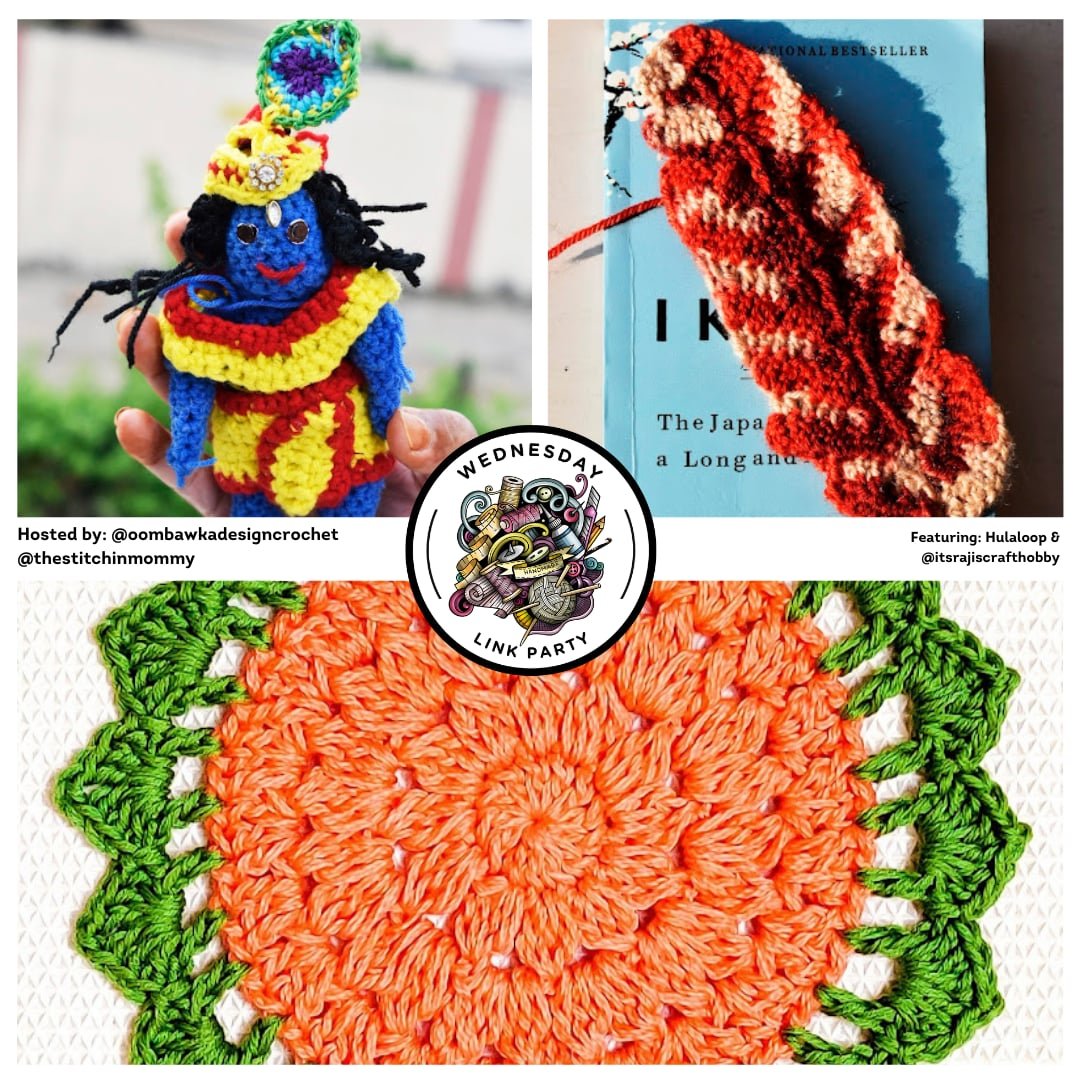 Weekly Link Party collage showing this week’s featured free crochet patterns: Pumpkin Spice Doily, Krishna Amigurumi Brooch, and Crochet Feather Bookmark.