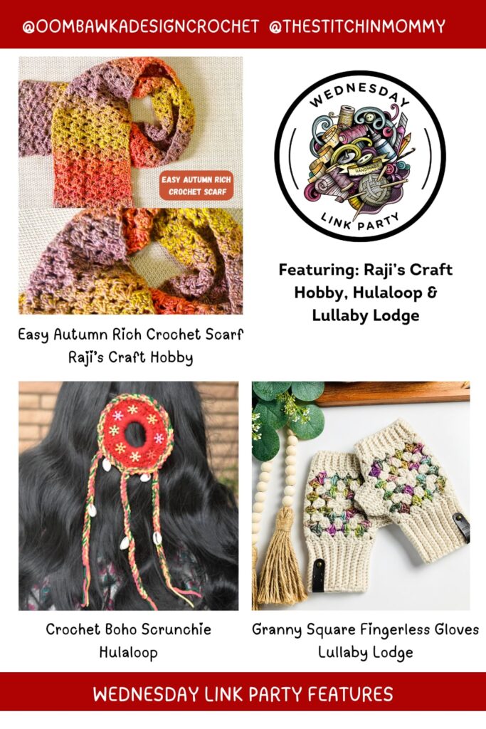 This month’s Link Party features two free crochet patterns—a soft Autumn Scarf and Fingerless Gloves—plus a chic Boho Scrunchie tutorial. Add your links and get inspired!
