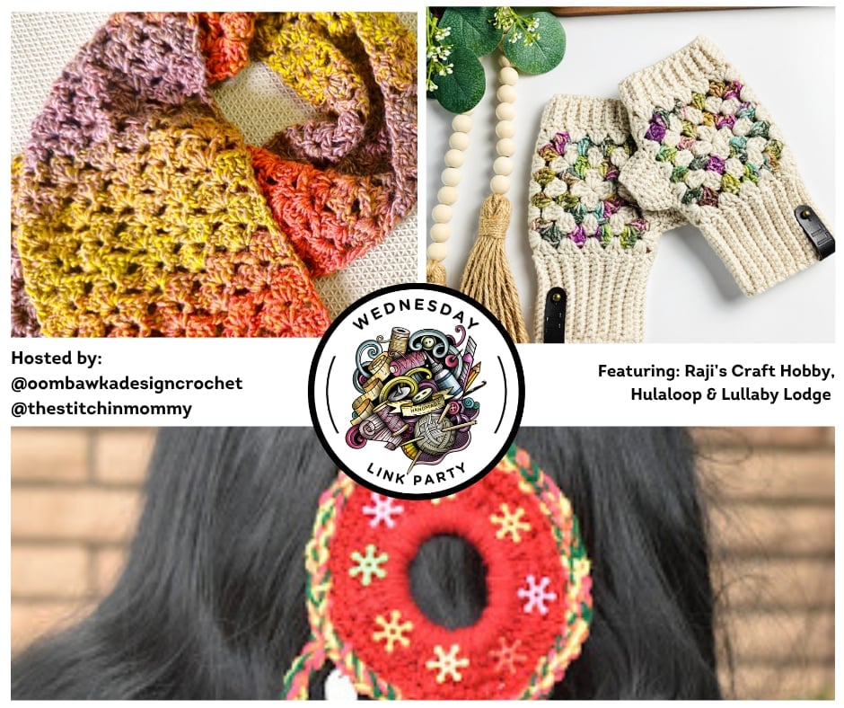 Get inspired by this month’s Link Party! Make a beautiful Autumn Scarf, a stylish Boho Scrunchie, and a lovely pair of Granny Square Fingerless Gloves—two free patterns included.