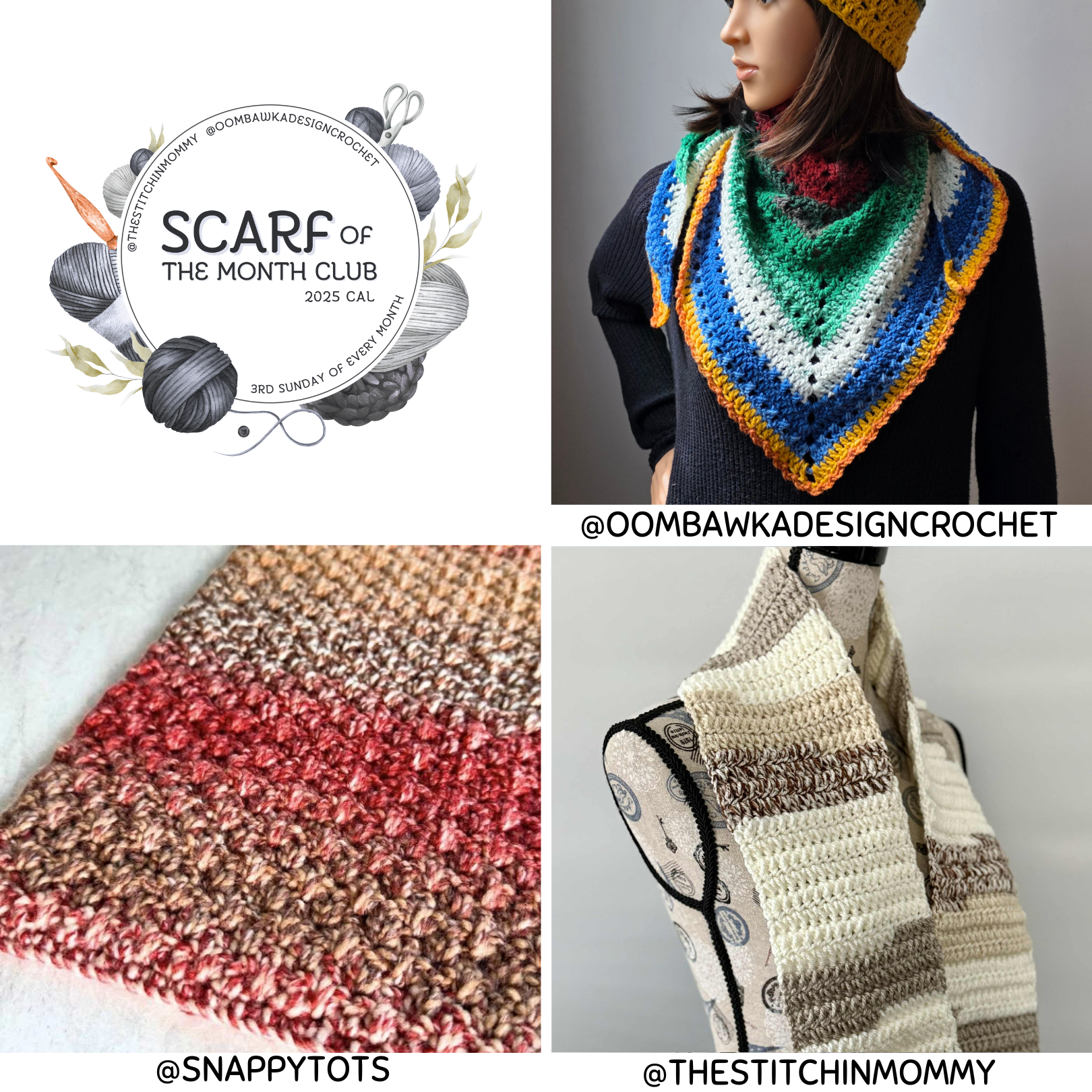 This month’s Scarf of the Month CAL features three free crochet scarf patterns: Hudson Triangle Scarf by Rhondda Mol, Fall in Love Scarf by Heidi at Snappy Tots, and Cinnamon Latte Scarf by Amy at The Stitchin’ Mommy. Cozy, stylish, and perfect for gifting, these scarves can be made at your own pace.