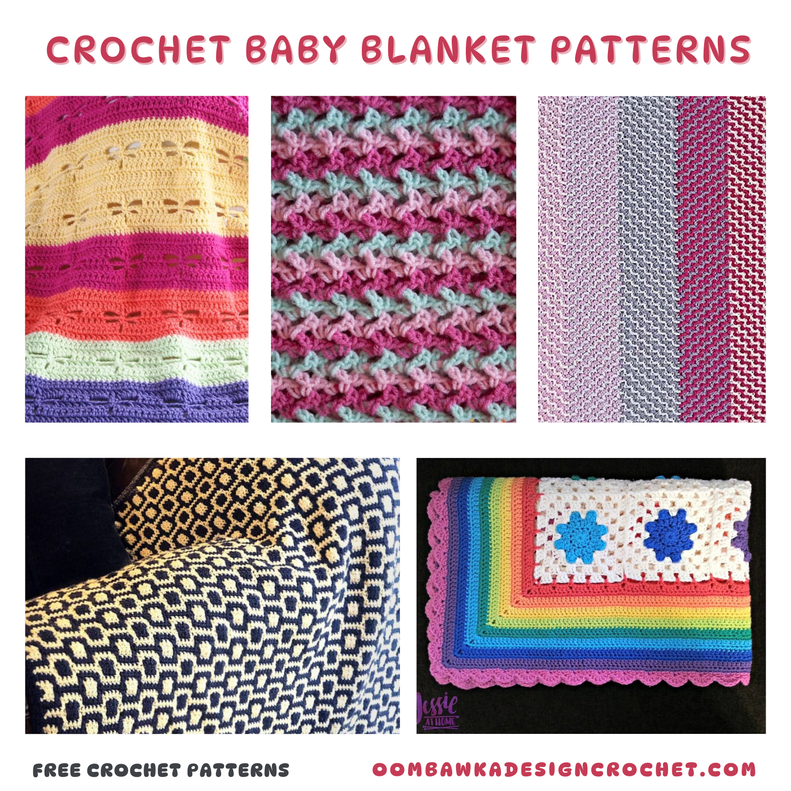 Collage image of 14 free baby blanket crochet patterns in a variety of textures, colors, and yarn weights.