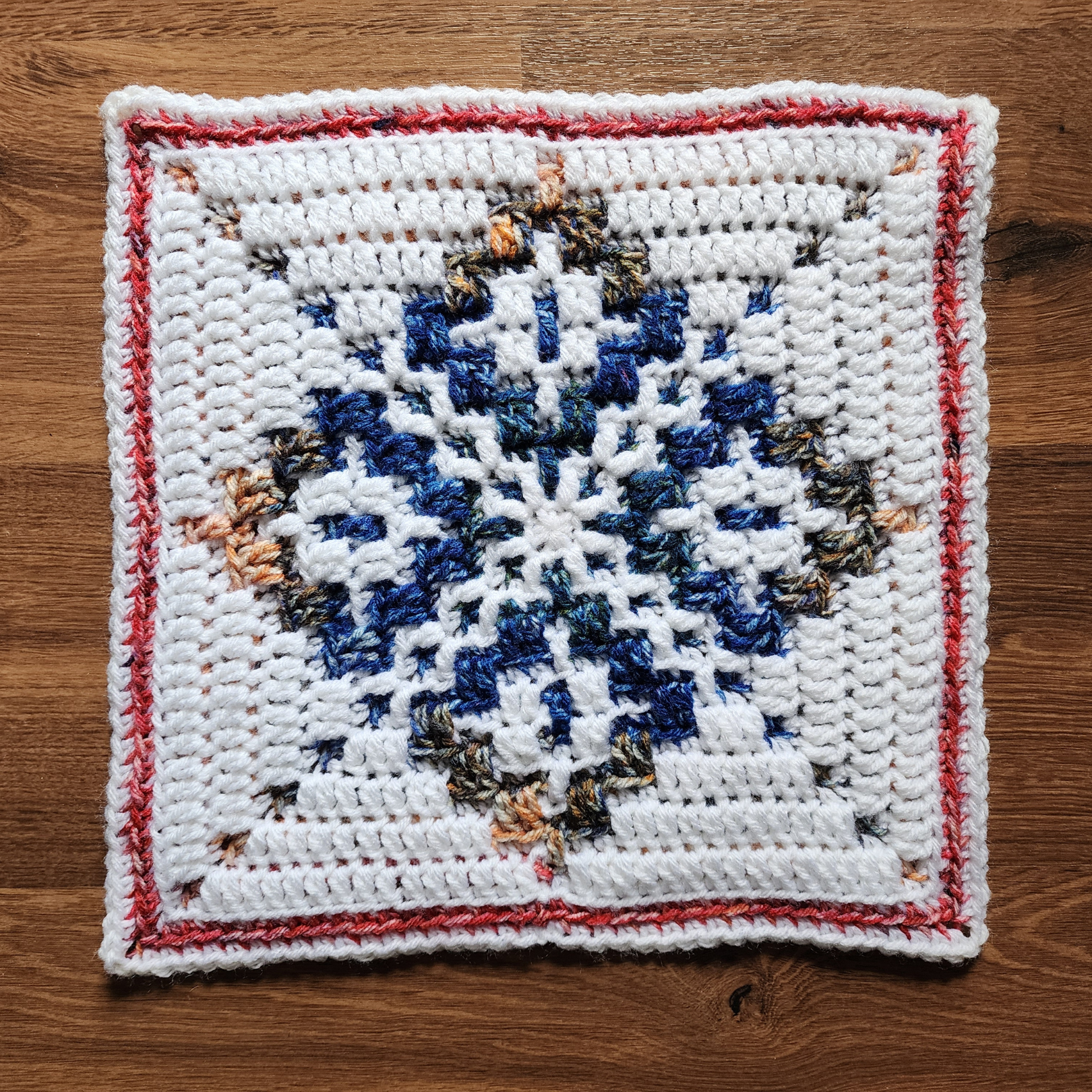 Crochet the Four Pillars Afghan Square – a 12” mosaic granny square made with just 2 colors.