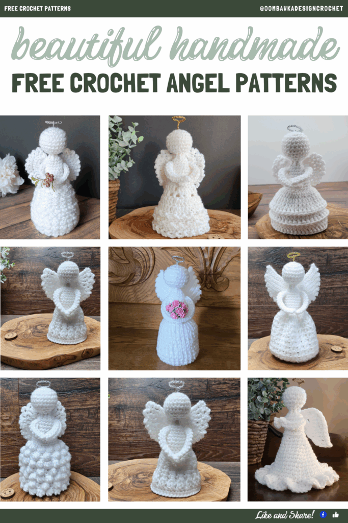 Free crochet angel patterns featuring Francesca, Joy, Thinking of You, Raquel, Gabriella, Evangeline, Eden, Holly, and Grace Angels by Oombawka Design Crochet.