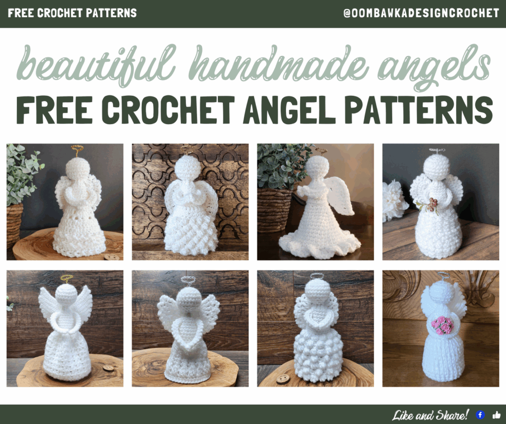 Free crochet angel patterns featuring Thinking of You, Raquel, Francesca, Evangeline, Holly, and Temperance Angels by Oombawka Design Crochet.