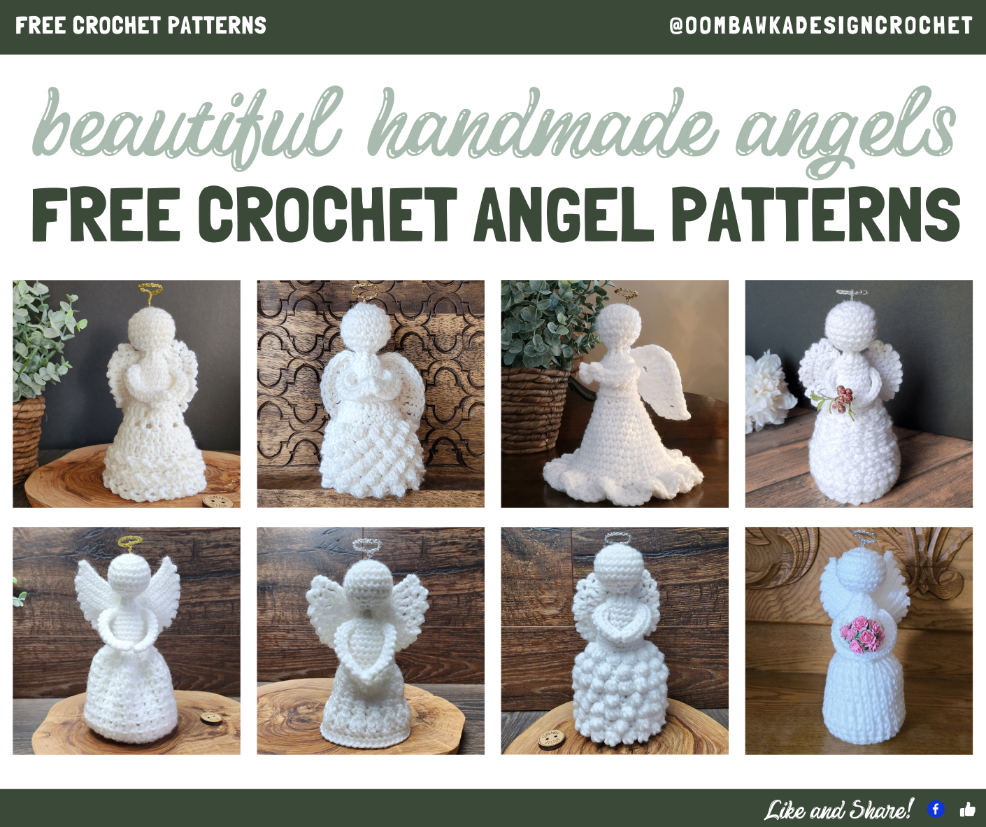Free crochet angel patterns featuring Thinking of You, Raquel, Francesca, Evangeline, Holly, and Temperance Angels by Oombawka Design Crochet.