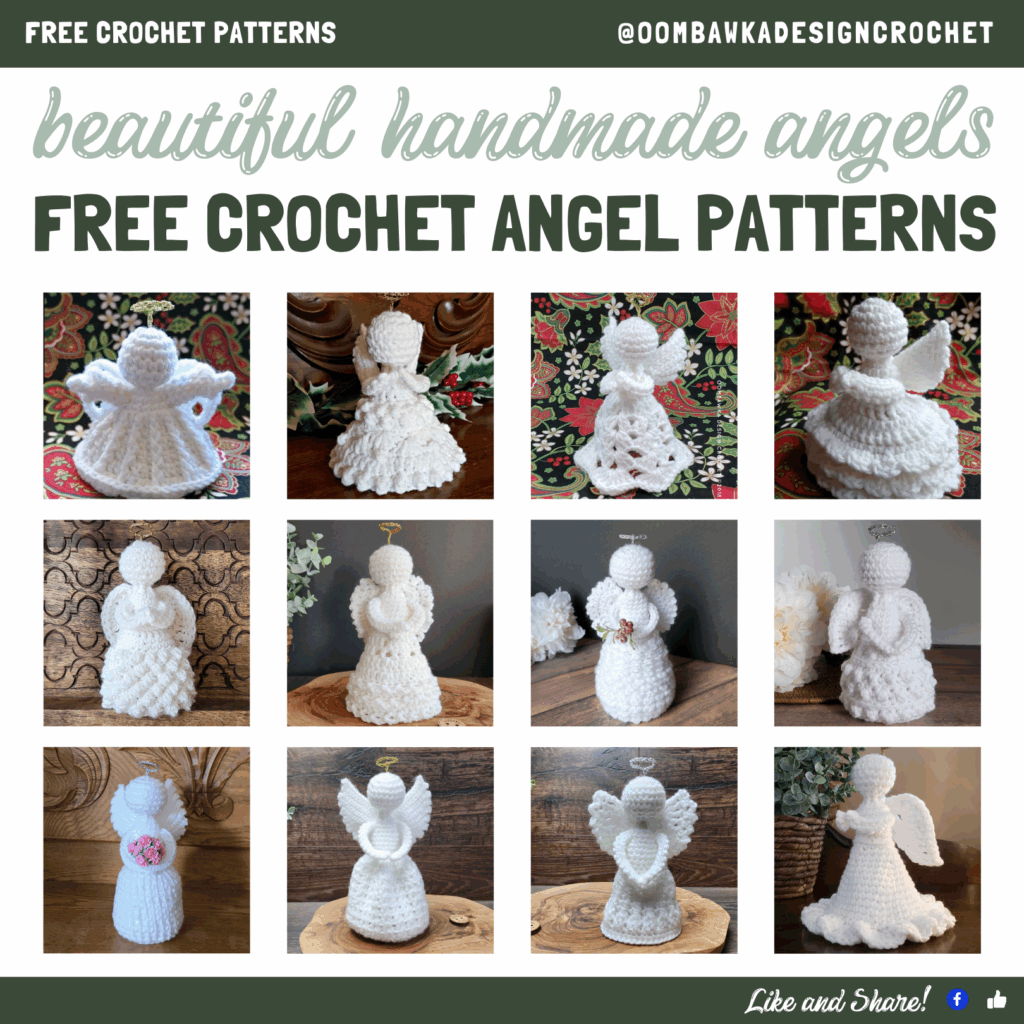 Free crochet angel patterns featuring Arella, Holly, Joy, Thinking of You, Raquel, Francesca, Evangeline, Temperance, Amigurumi, Christmas, and Peace on Earth Angels by Oombawka Design Crochet.
