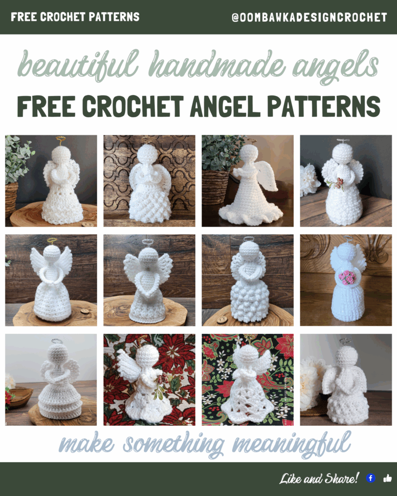 Free crochet angel patterns featuring Thinking of You, Mistletoe, Patience, Arella, Grace, Raquel, Francesca, and Eden Angels by Oombawka Design Crochet.