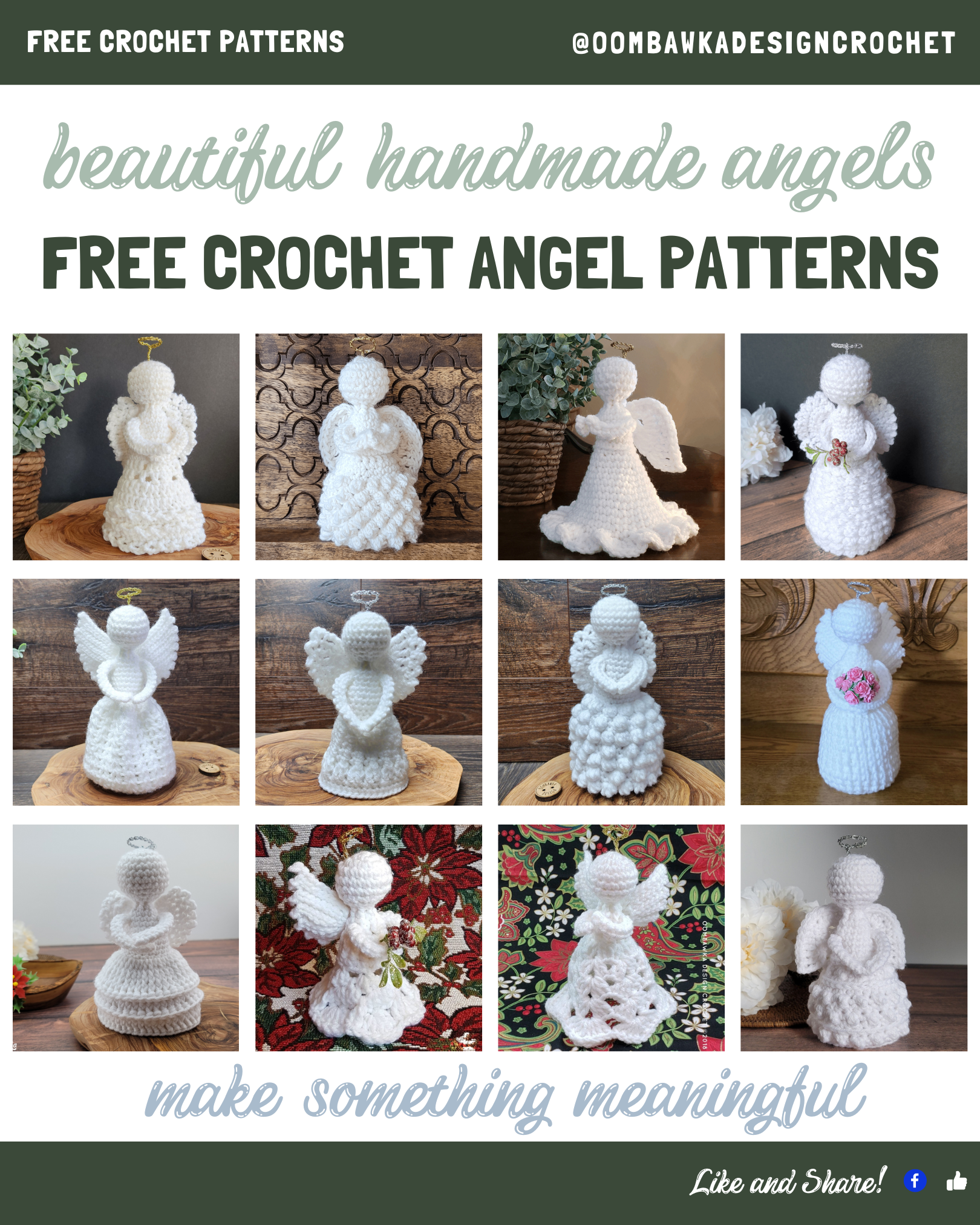 Free crochet angel patterns featuring Thinking of You, Mistletoe, Patience, Arella, Grace, Raquel, Francesca, and Eden Angels by Oombawka Design Crochet.