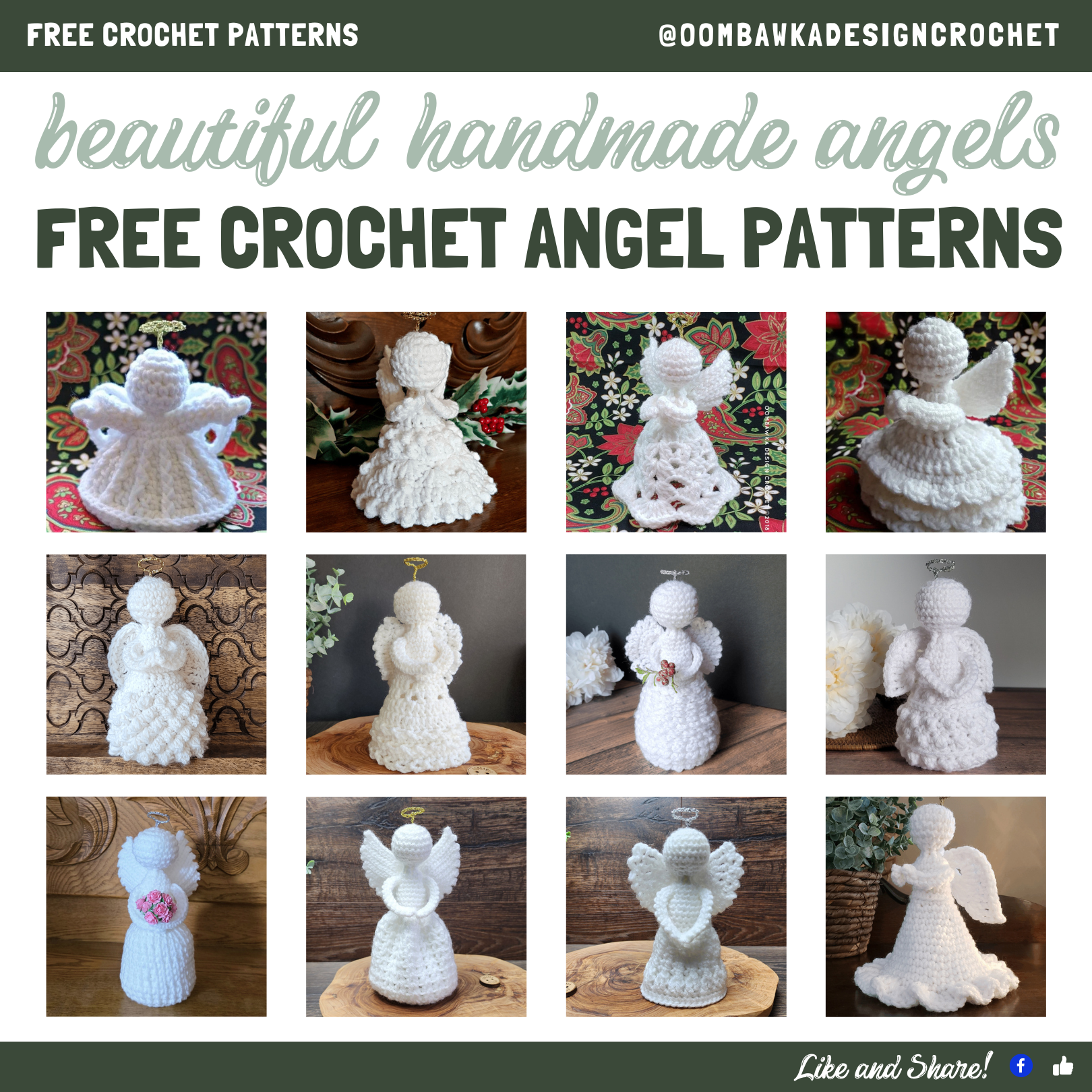 Free crochet angel patterns featuring Arella, Holly, Joy, Thinking of You, Raquel, Francesca, Evangeline, Temperance, Amigurumi, Christmas, and Peace on Earth Angels by Oombawka Design Crochet.