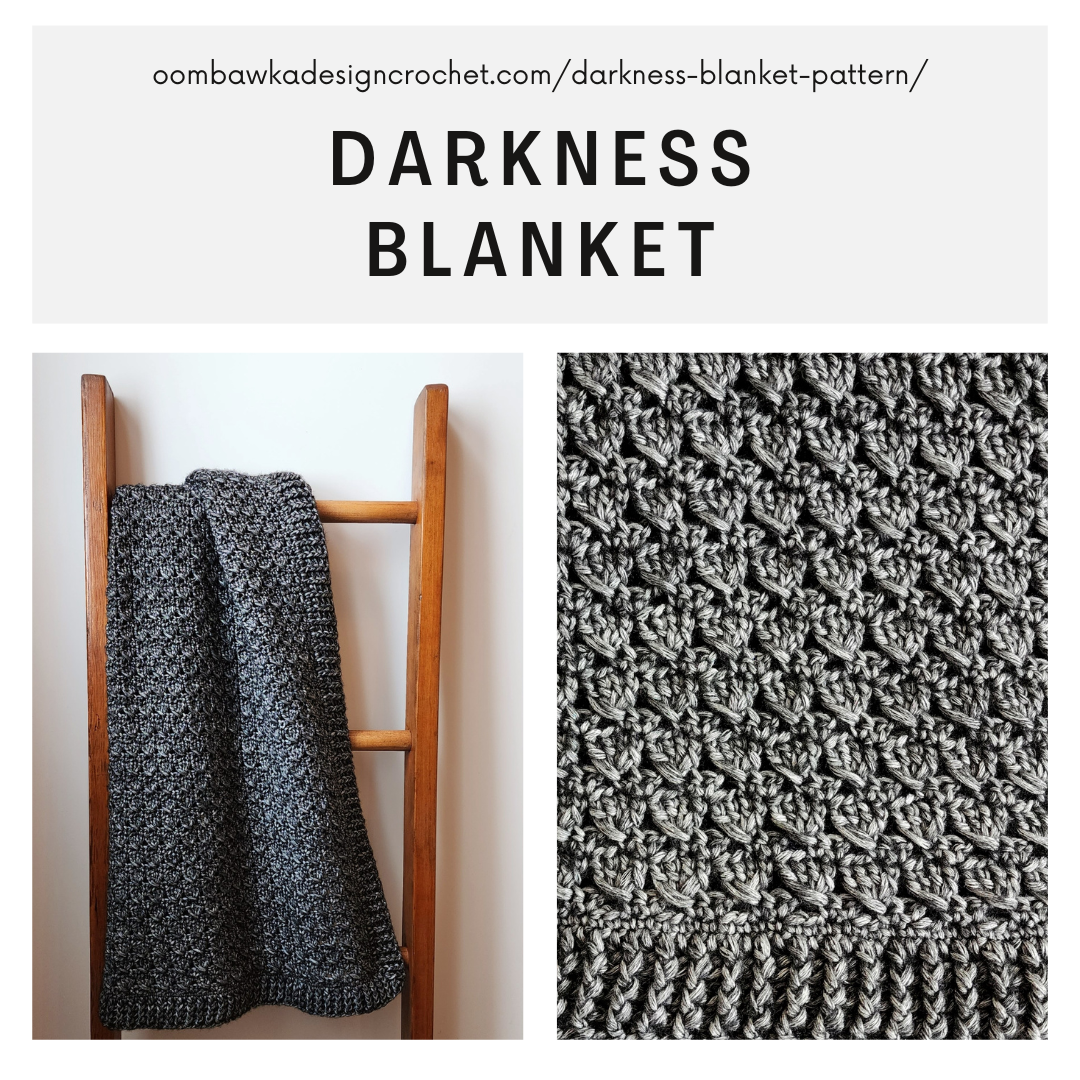 Create your own stunning Darkness Blanket with this free crochet pattern. Using only double crochet and single crochet stitches, this blanket is created with a simple two-row repeat and it works up quickly. To complete this project, you will need Worsted Weight Yarn [4] and a 5.50 mm (I) crochet hook. My pattern comes with instructions to create this blanket in 6 different sizes.