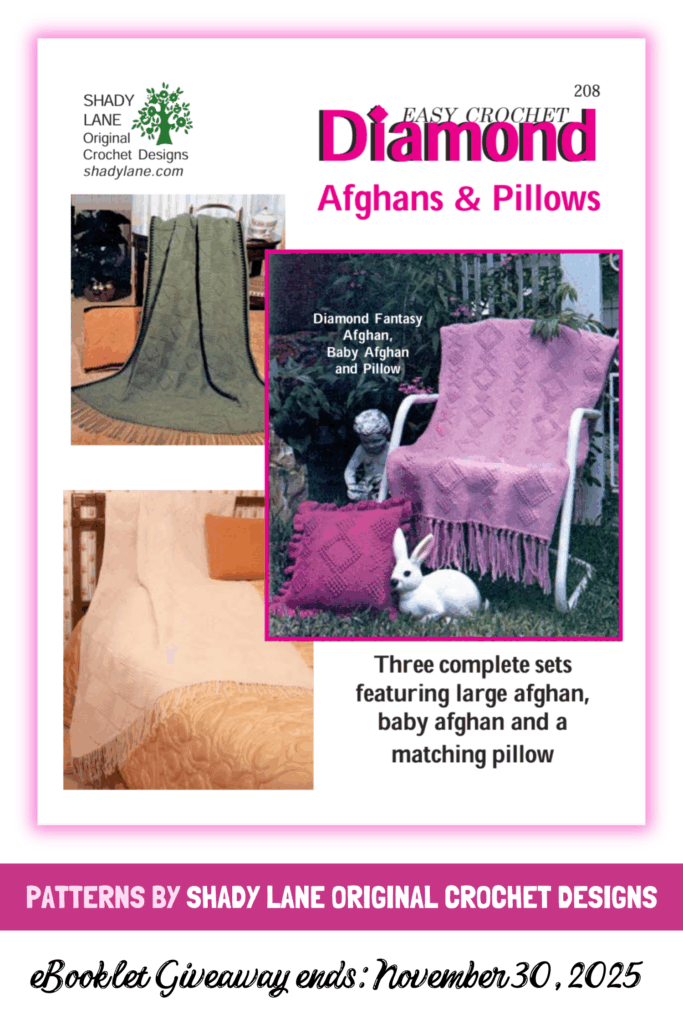 Crochet beautiful diamond-pattern afghans and pillows using the Easy Crochet Diamond Afghans & Pillows booklet! Each design uses simple stitches and one color per row. Perfect for mosaic crochet lovers. Save it for later! #crochetpattern #crochetafghan #mosaiccrochet #shadylaneoriginal #freecrochetpattern