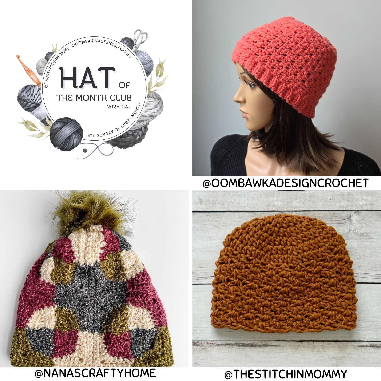 Join the Hat of the Month Club and crochet along with us! ✨ This collection features the Coral Wander Hat, Amber Hue Beanie, and Patchwork Hat. Enjoy free crochet hat patterns and limited-time premium PDF downloads.