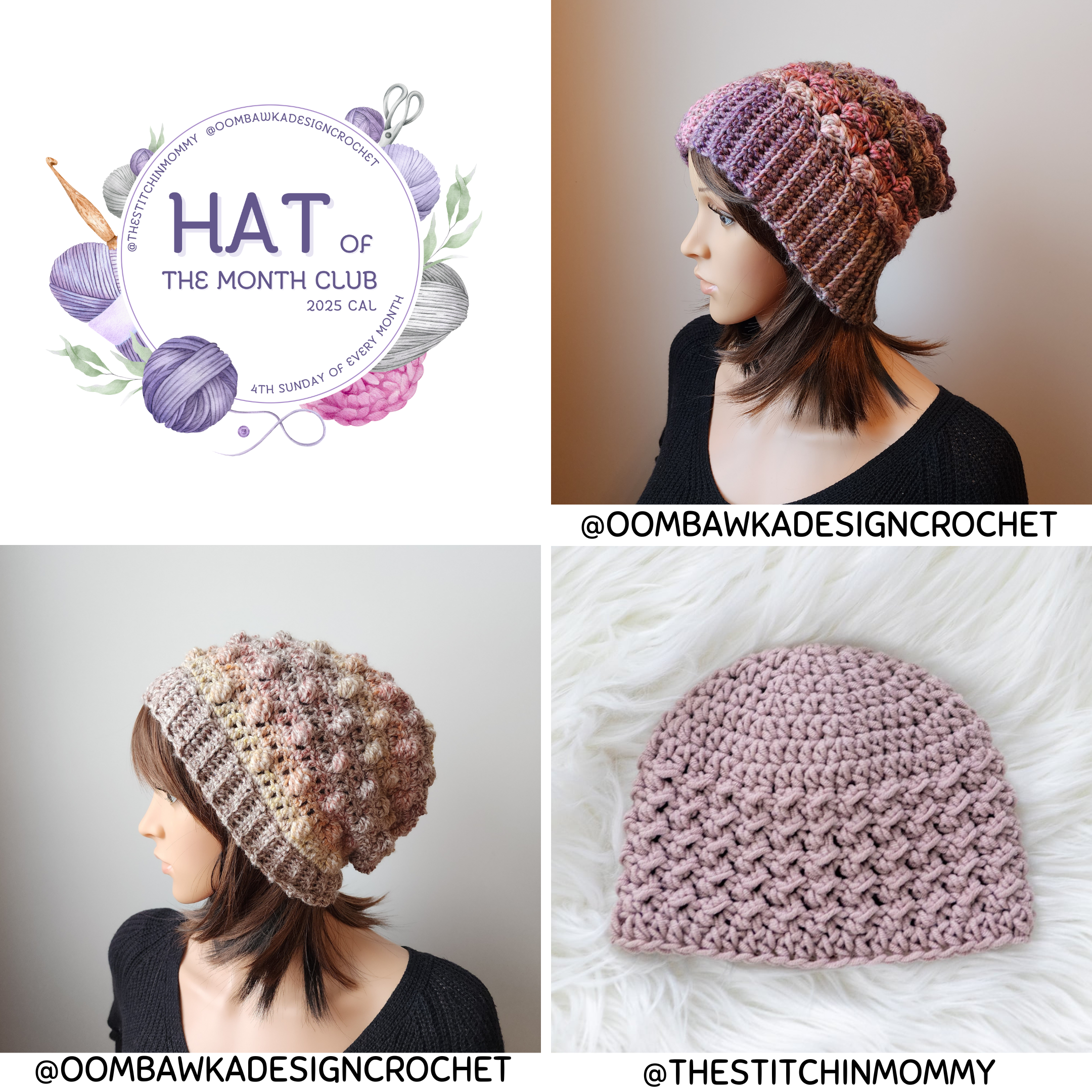 Stay warm with January's Hat of the Month Club! Free patterns for winter hats: Cozy Crochet Cottage Hat, Bobble Slouch Hat, and Mocha Latte Beanie.
