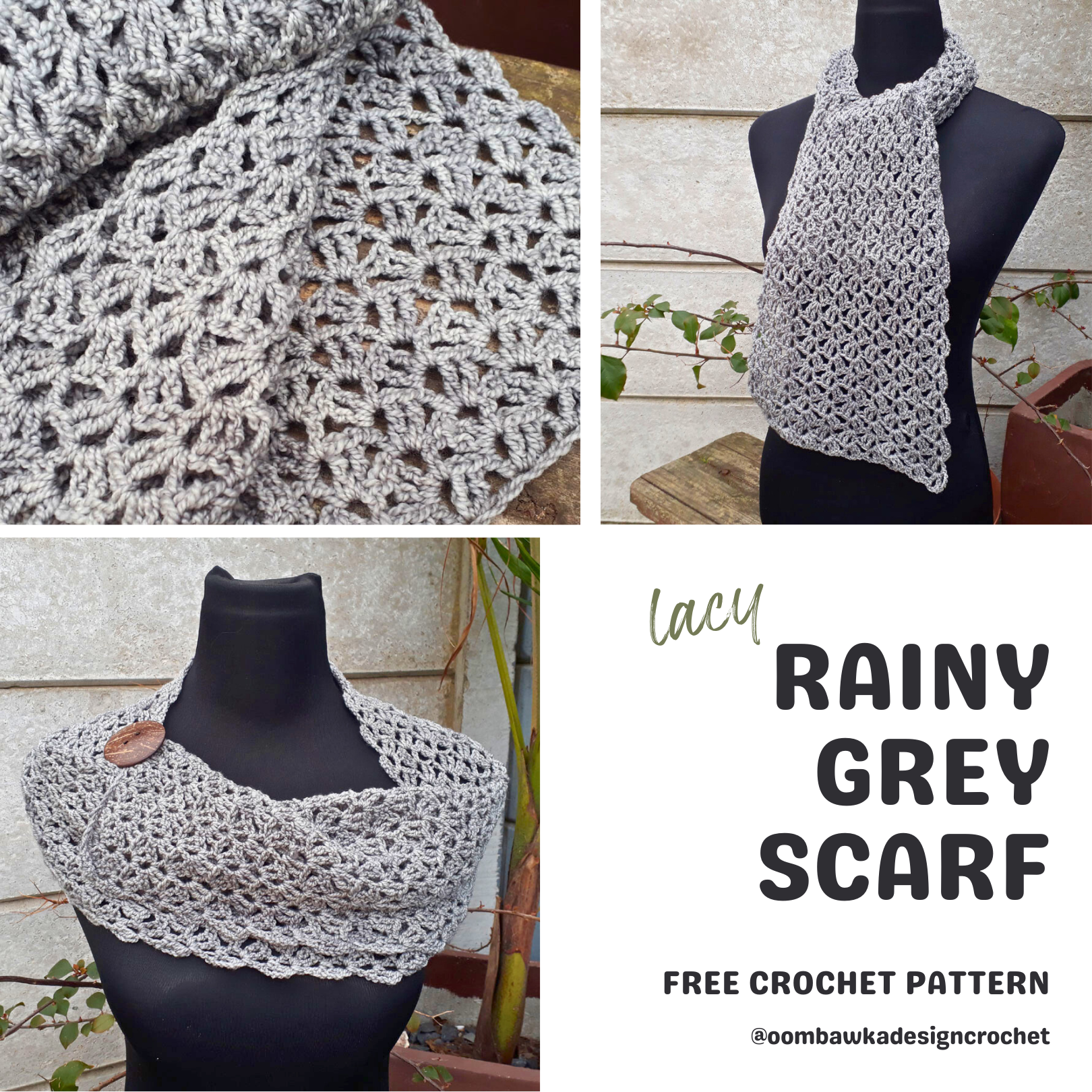 Quick + elegant! Crochet the Lacy Rainy Grey Scarf using a simple one-row repeat. Perfect stashbuster project. 💕 #crochetpattern #crochetscarf