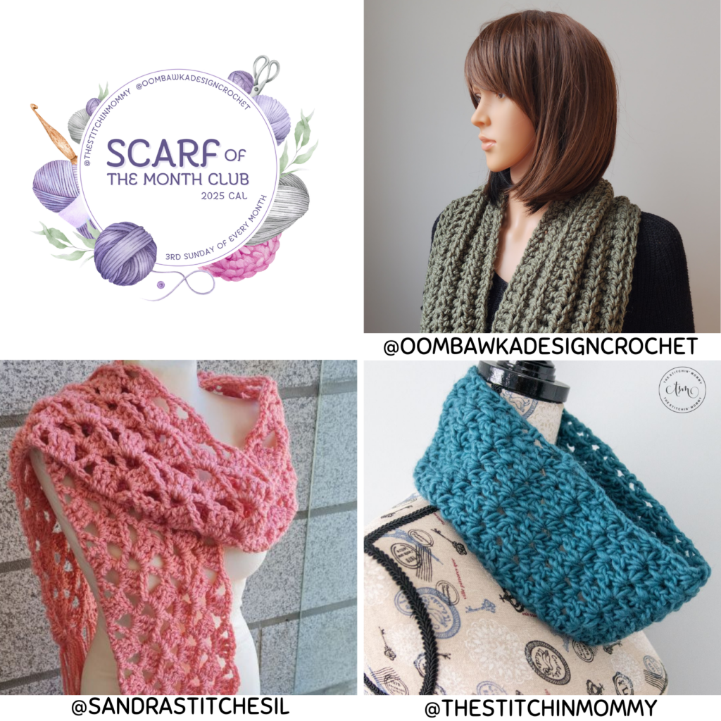 New Crochet Scarf Patterns! 🧶💜 Looking for your next project? Check out these three beautiful scarves from this month’s Crochet Club! Each one has a unique stitch design and fun texture. Find the free patterns today!
