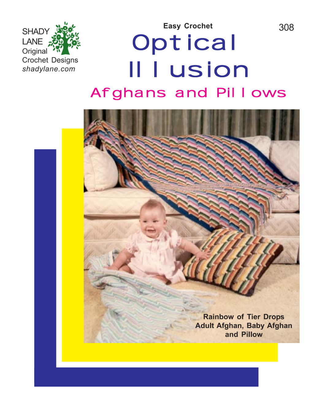 Crochet optical illusion afghans made with easy stitches! This pattern set includes 3 bold blankets and matching pillows using dropped dc and sc.