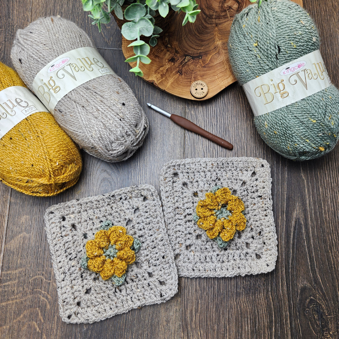 Peaceful Flower Afghan Square Pattern Oombawka Design Crochet. King Cole Big Value Aran and a 6 mm (J) crochet hook.