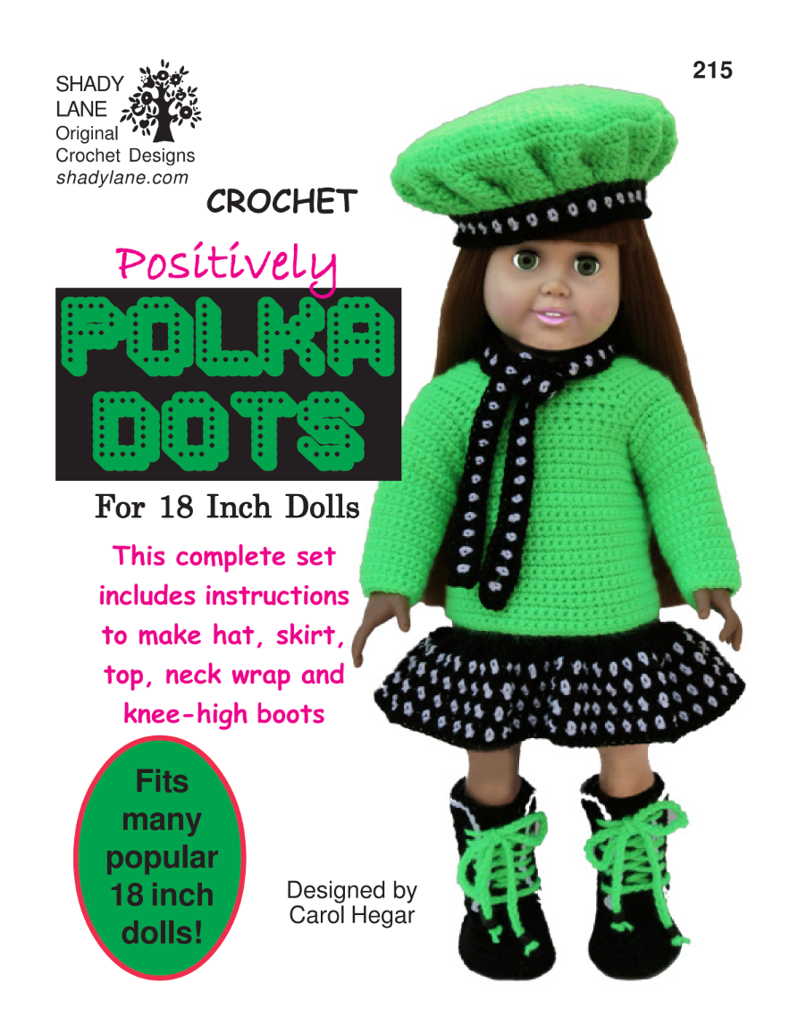 Dress up your 18" doll with the Positively Polka Dots crochet pattern! Includes a stylish polka dot skirt, top, hat, neck wrap, and knee-high boots.