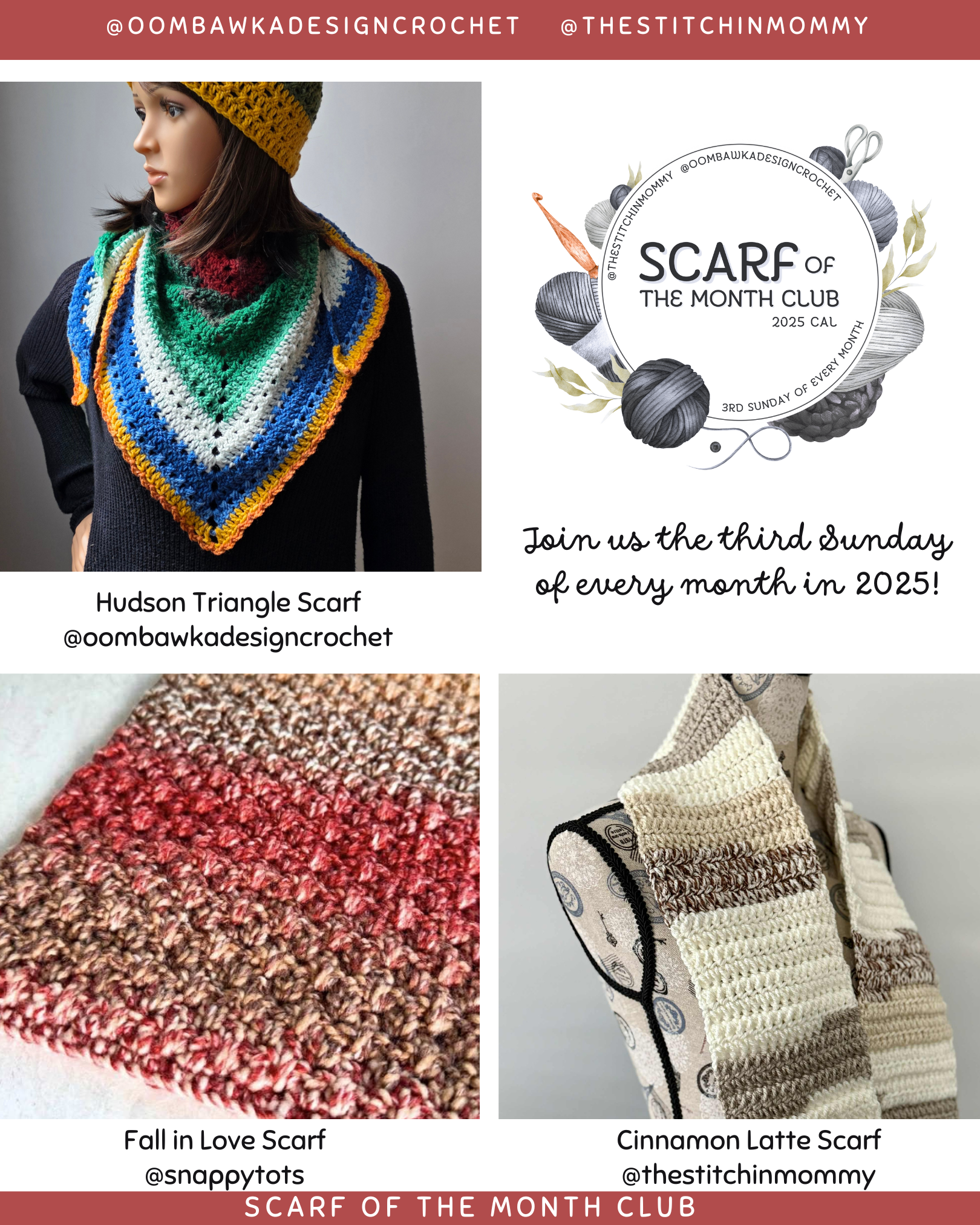 Make this month’s scarves with our Scarf of the Month CAL! 🧶 Hudson Triangle, Fall in Love, & Cinnamon Latte – free crochet patterns:
