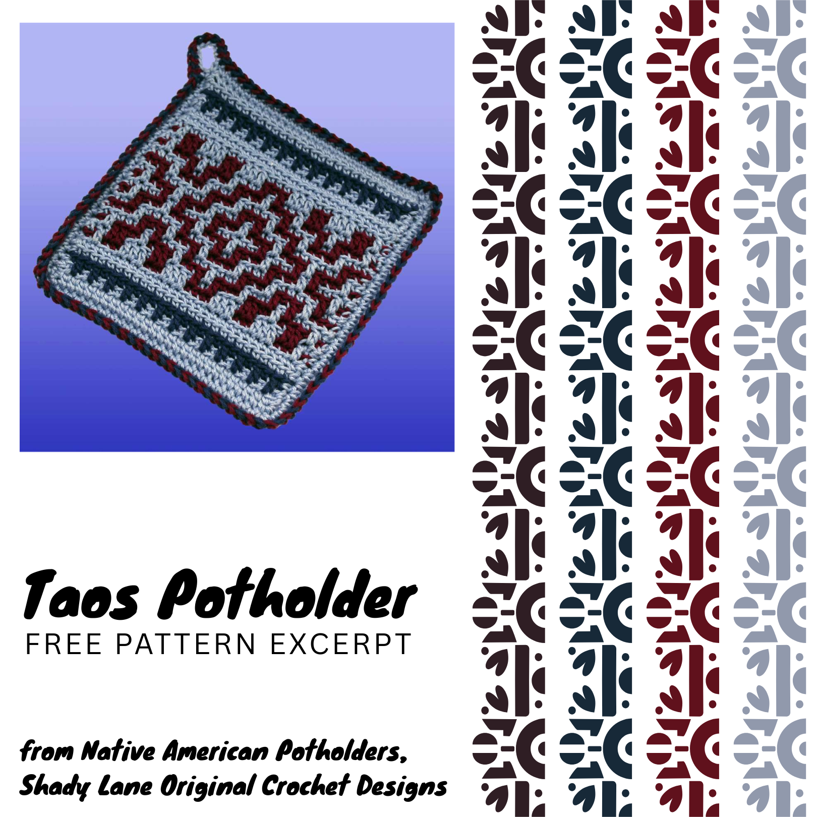Learn how to crochet the Taos Potholder! This free overlay mosaic crochet pattern is beginner friendly and perfect for gifts or your kitchen. #crochetpattern #freecrochetpattern #mosaiccrochet #crochetpotholder