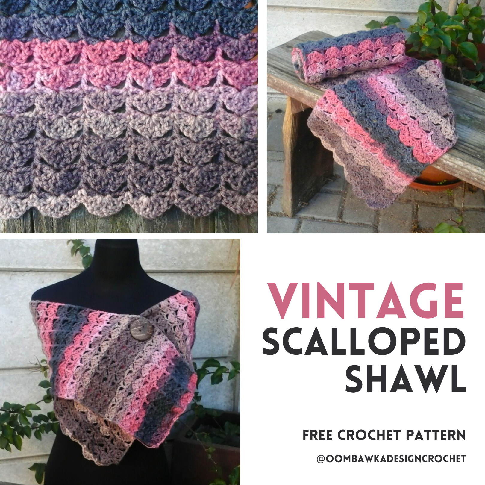 Crochet this Vintage Scalloped Shawl with DK weight yarn and a 4.5 mm hook. Easy 2-row repeat and adjustable size. Free pattern.
