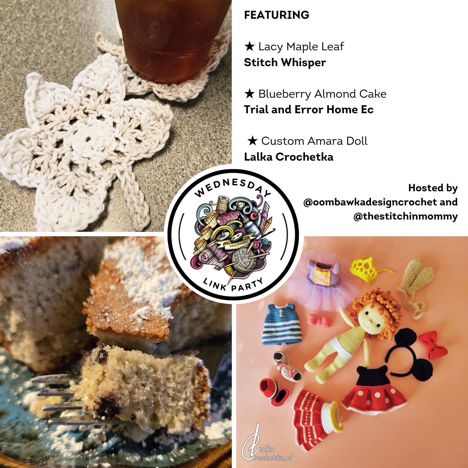 See this week’s favorites: a free crochet maple leaf pattern, a blueberry almond cake recipe, and a handmade custom doll.