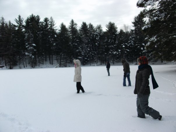 walking onto frozen lake